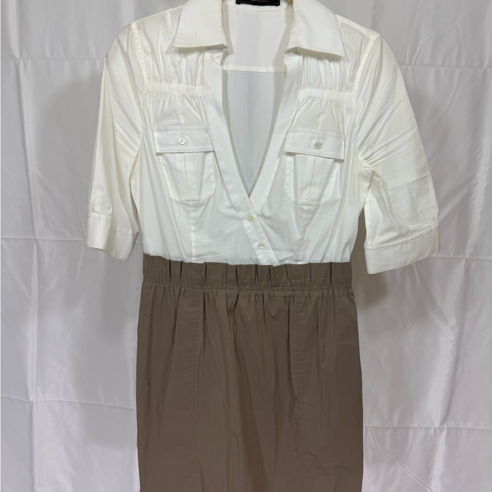 BCBGMaxAzria White and Brown Midi Dress
